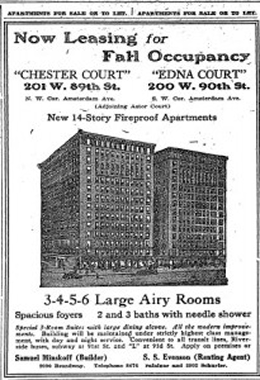 Advertisements in the New York Times in 1924 to lease apartments at Chester Court and its' adjacent sister building Edna Court