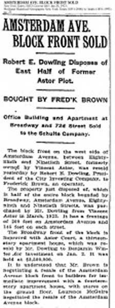 Article published in the New York Times on January 20, 1923 about the sale of the property